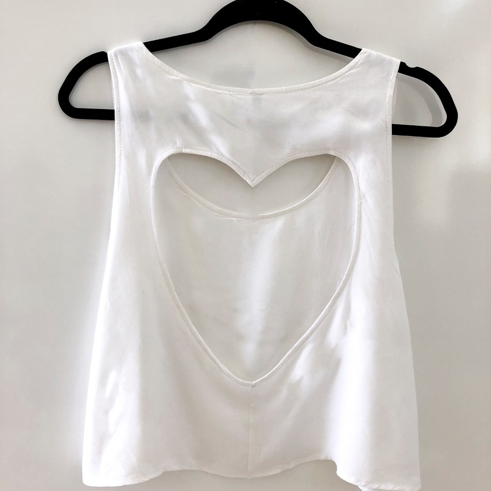 White Tank Crop Top with Heart Open Back